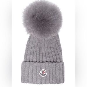 **MONCLER** Gray Ribbed Beanie with Pom-Pom